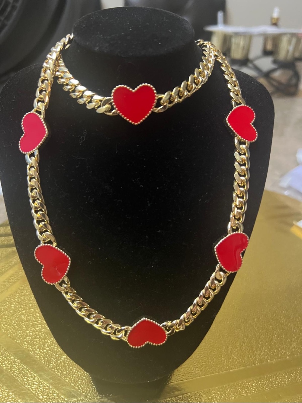 Gold Chain Necklace and Bracelet Set with Red Heart Accents